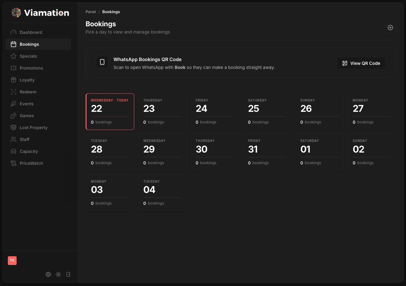 Viamation admin Panel showing the bookings calendar for the venue