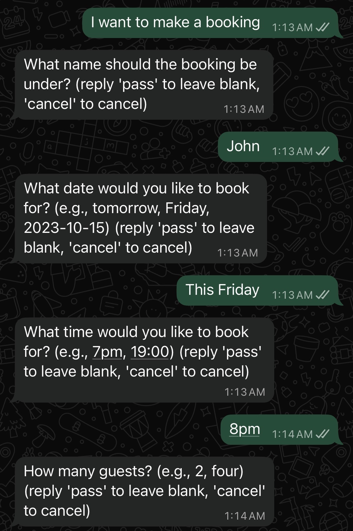 A WhatsApp conversation showing a guest booking a table by chatting with the restaurant's number
